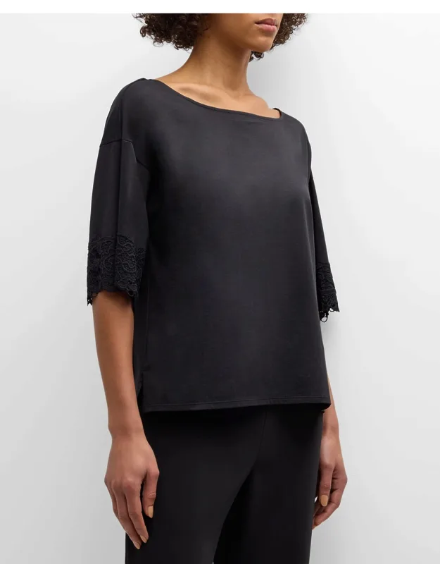 Lace-trim Elbow-sleeve T-shirt