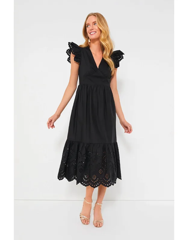 Black Eyelet Marshall Dress With Flutter Sleeves And Ruffled Hem