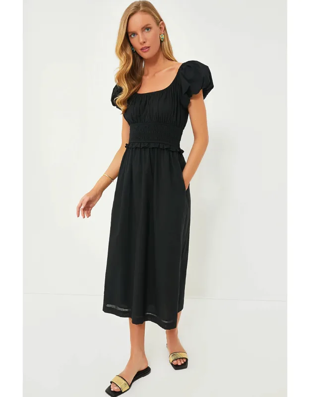 Black Flynn Dress With Puff Sleeves And Smocked Waist