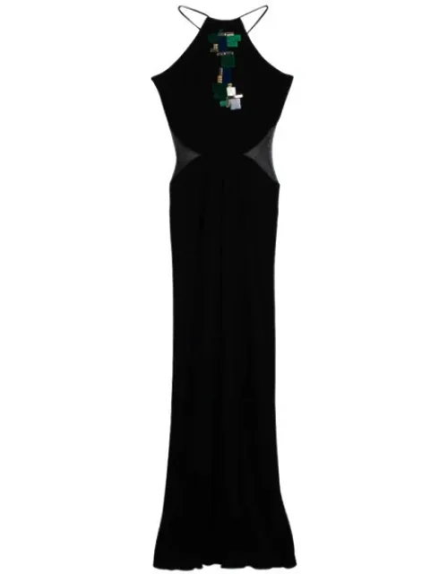 Embellished Mesh Trimmed Jersey Maxi Dress