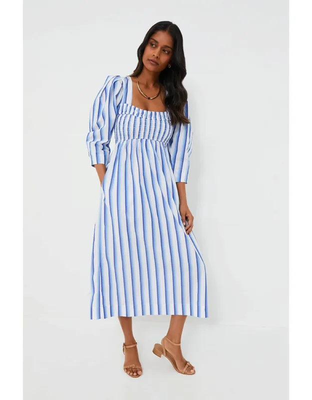 Silver Lake Blue Stripe Cotton Open-neck Smock Long Dress
