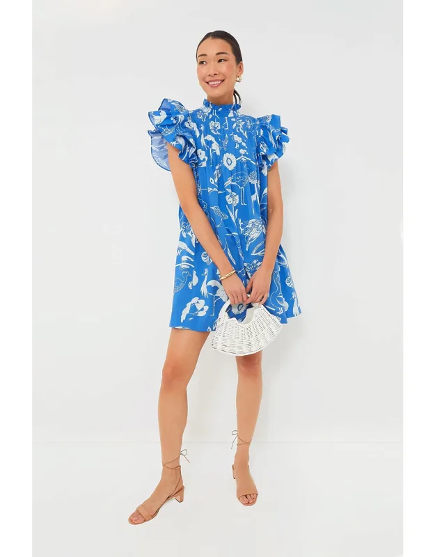 Exclusive Audubon Blue Pintuck Ruffle Mini Dress