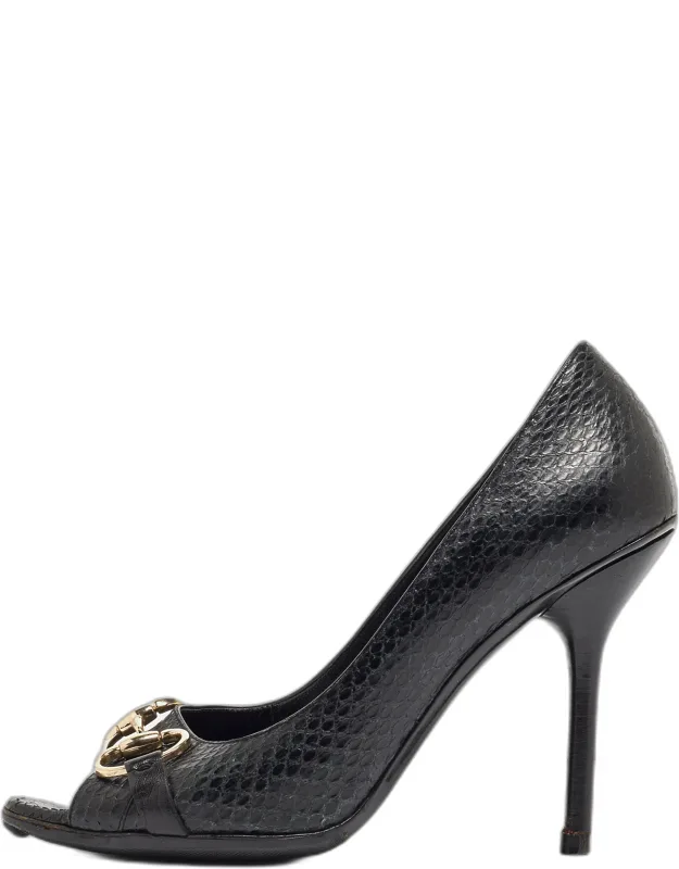 Python Horsebit Open Toe Pumps