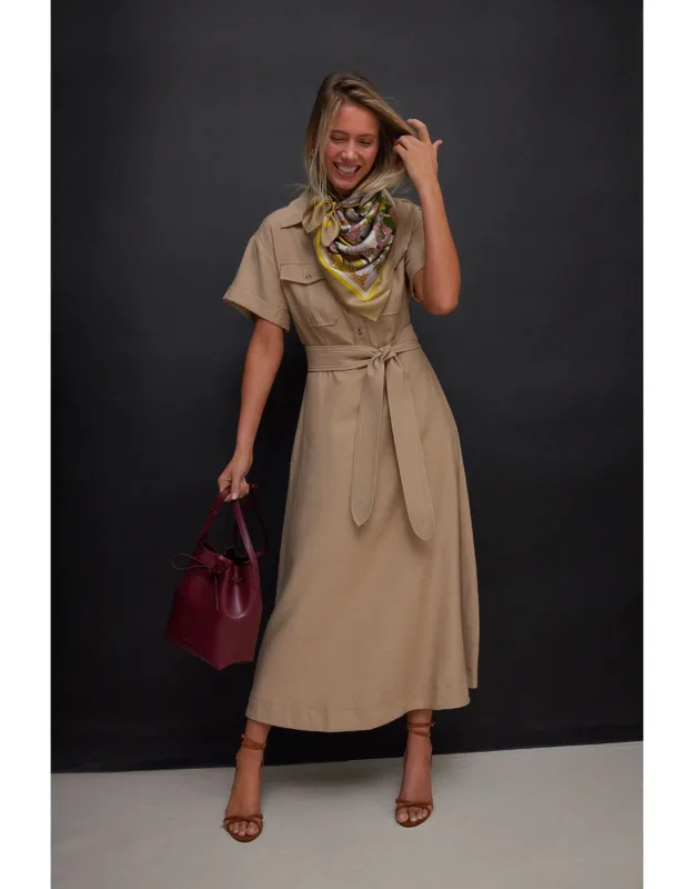 Tan Lucienne Dress With Spread Collar And Self-tie Waistband