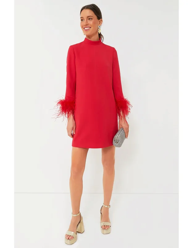 Red Feather Mod Ellie Dres With Feather Cuffs And Mock Neck