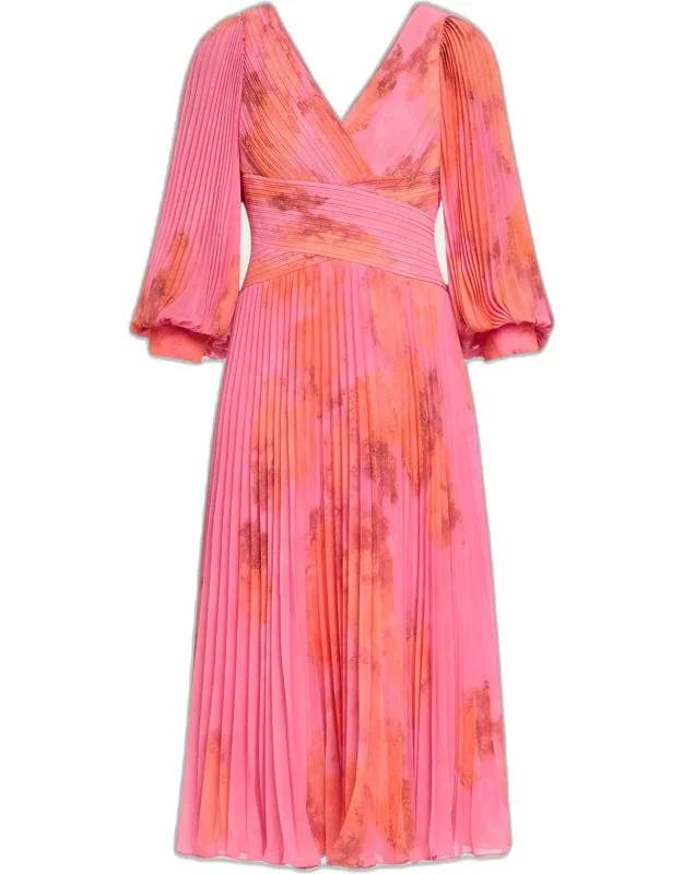 Pleated Abstract-print Chiffon Midi Dress