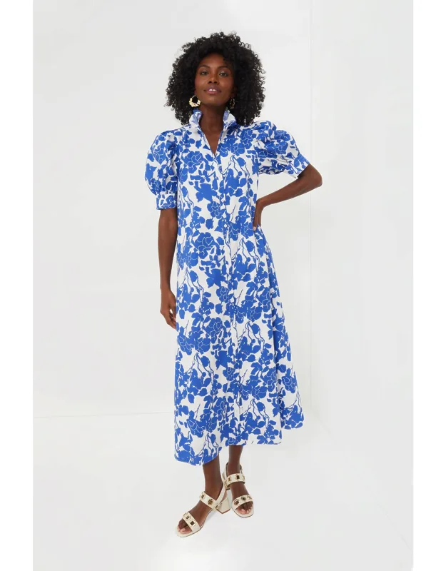 Blue Floral Ruffle Collar Maxi Dress With Pockets And Structured Cuffs