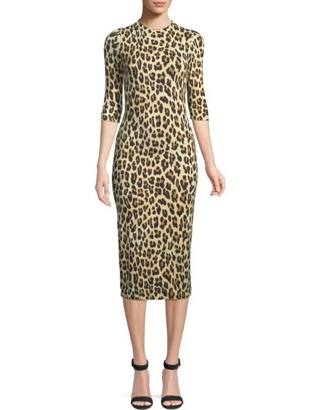 Delora Fitted Leopard Mock-neck Dress