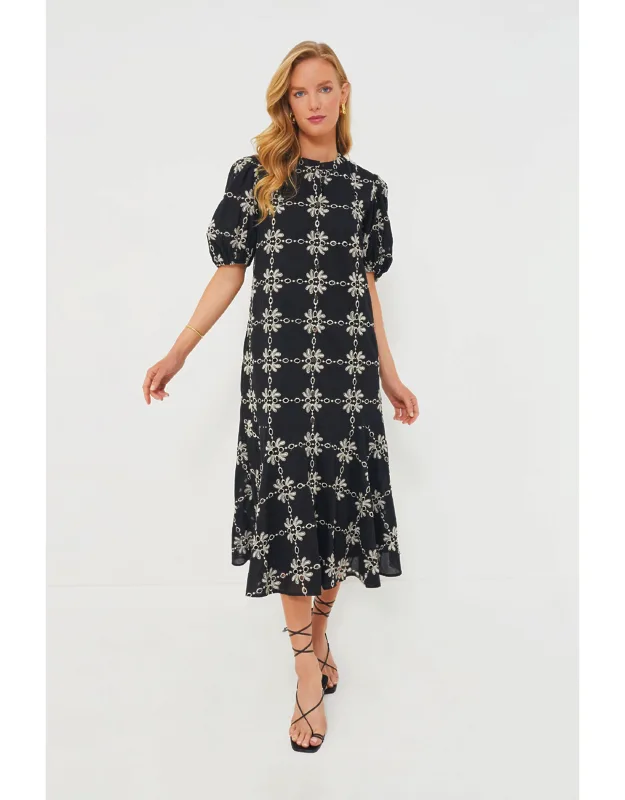 Black Eyelet Lewis Dres With Puff Sleeves And Midi Length