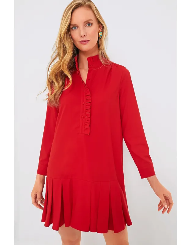 Red Crepe Tate Dres With Stand Collar And Ruffle Details
