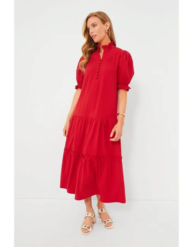 Selena Maxi Dress With Ruffle Stand Collar And Flutter Details