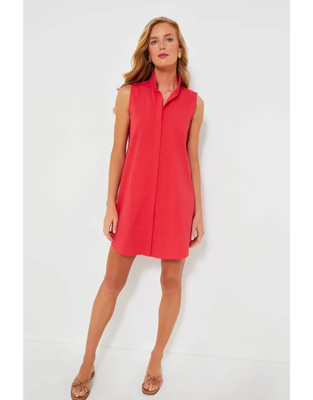 Red Sleeveless Dress With Stand Collar And Side Pockets