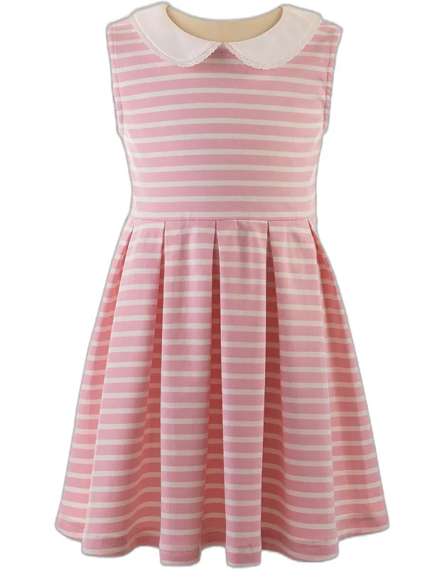 Pink Breton Stripe Dress With Peter Pan Collar And Back Button Closure