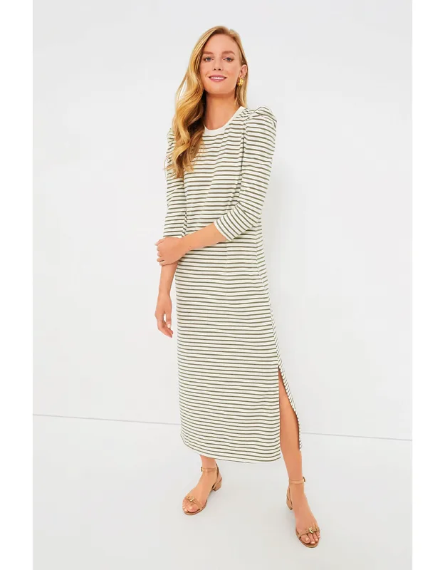 Olive Stripe Vesty Dress With Puffed Shoulders And Side Slits