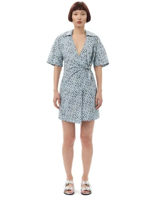 Glacier Lake Blue Floral Printed Cotton Wrap Mini Dress