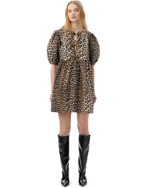 Leopard Printed Cotton Tie String Mini Dress
