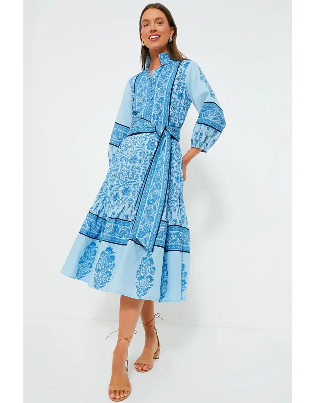 Exclusive Aqua Blue Multi Midi Flounce Victorian Frieze Dress