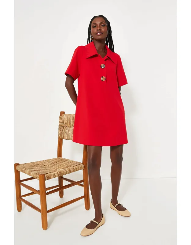 Red Scout Dress With Oversized Collar And Statement Buttons