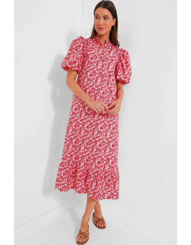 Pink And Red Floral Midi Dress With Ruffle Collar And Puff Sleeves