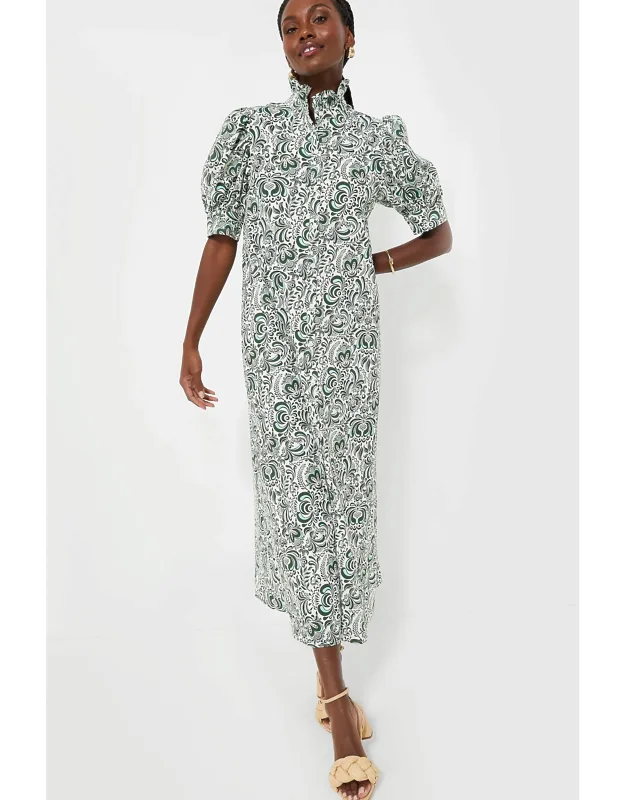 Floral Linen Ruffle Collar Maxi Dress