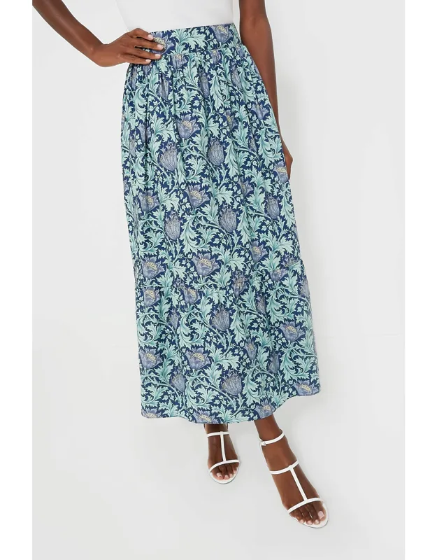 Multi Blue Leafy Floral Maxi Skirt