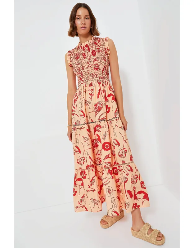 Audubon Red Sleeveless Smocked Maxi Dress