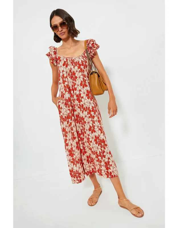 Burnt Red Hibiscus Floral Cascade Dress
