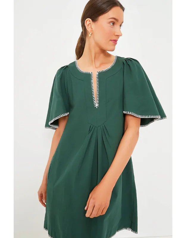Green Stitch Finley Flutter Sleeve Dress With Notched Neckline And Oversized Flutter Sleeves