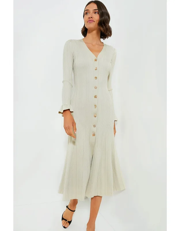 Cream Metallic Ribbed Midi Dress