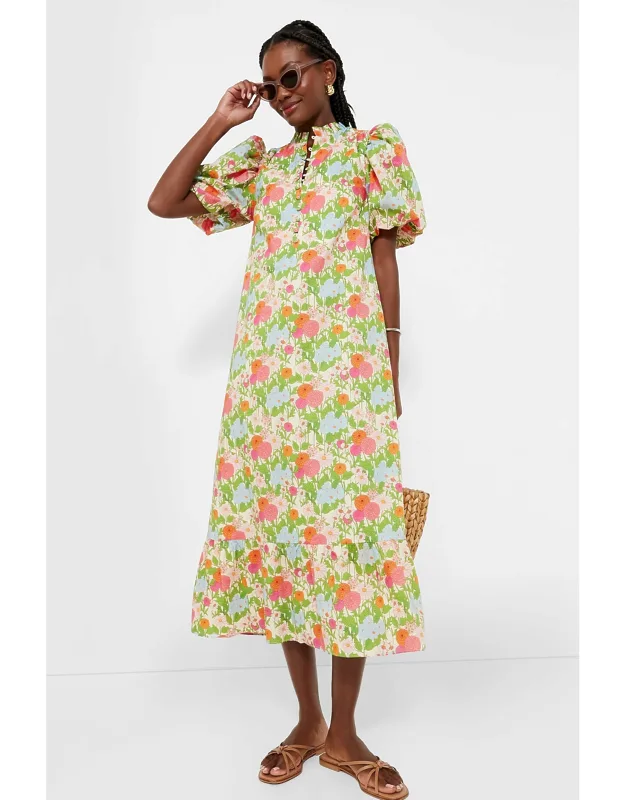 Multi Green Begonia Floral Midi Dress