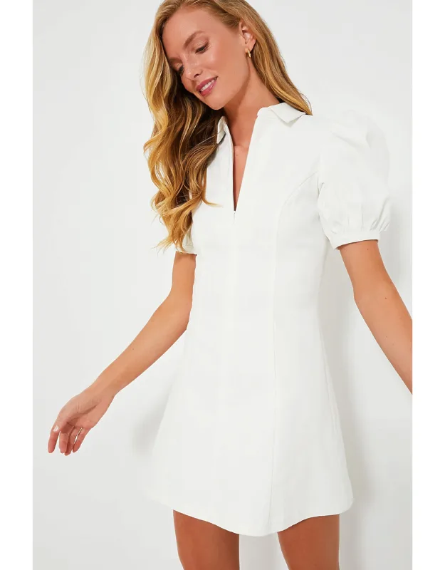 White Front Zip Mini Dress With Puff Sleeves And A-line Silhouette