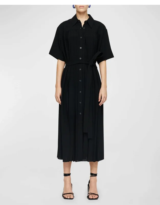 Pleated A-line Midi Shirtdress