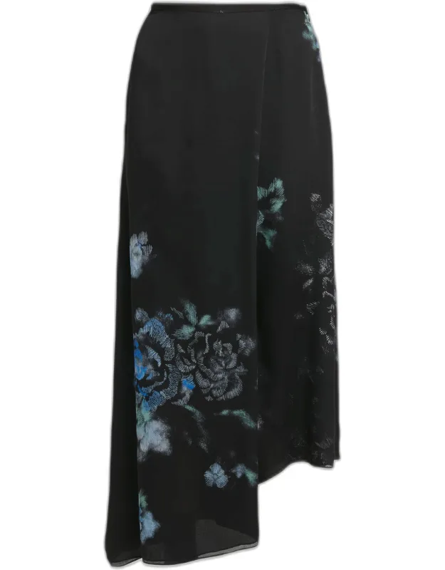 Floral Print Silk Wrap Midi Skirt