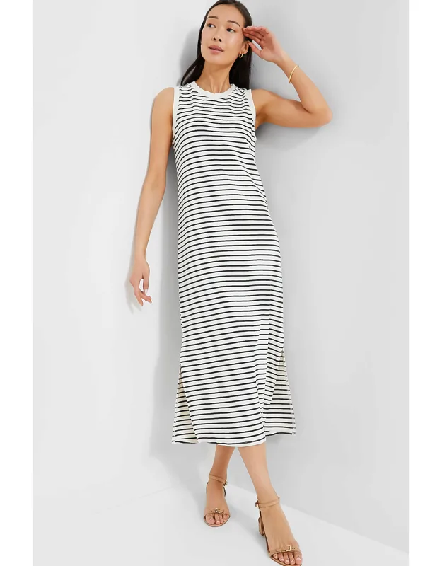 Navy Stripe Sleeveless Maxi Dress With Side Slits