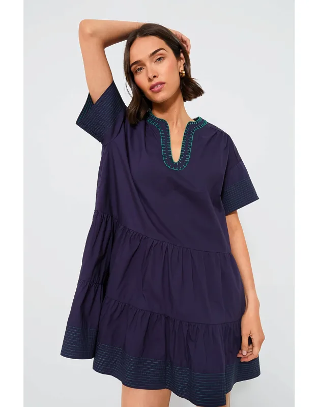Navy Kinsley Dress With V-neckline And Tiered Skirt