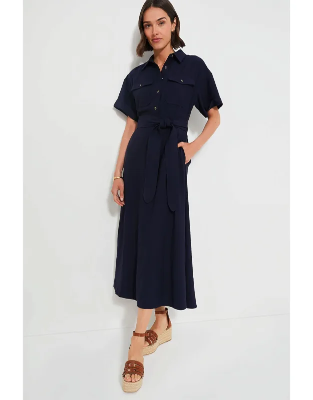 Navy Lucienne Dress With Spread Collar And Self-tie Waistband