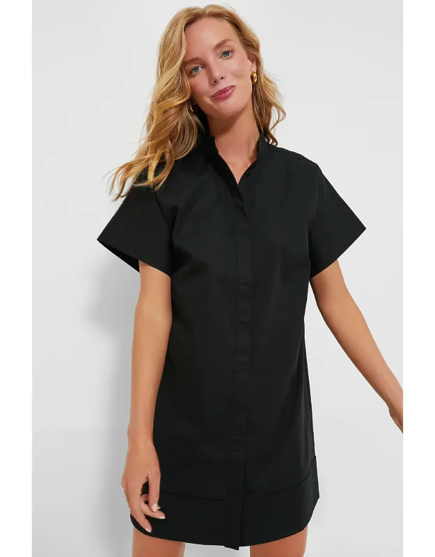Black Trapunto Stitch Shirt Dres - Short Sleeve Mini