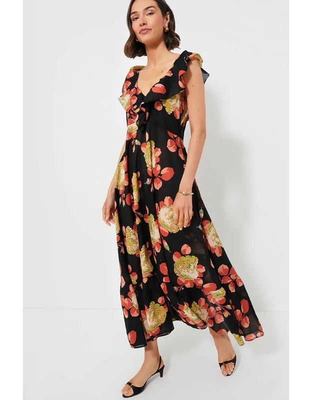 Cabbage Rose Print The Geranium Dress With Romantic Ruffle And Sleeveless Midi