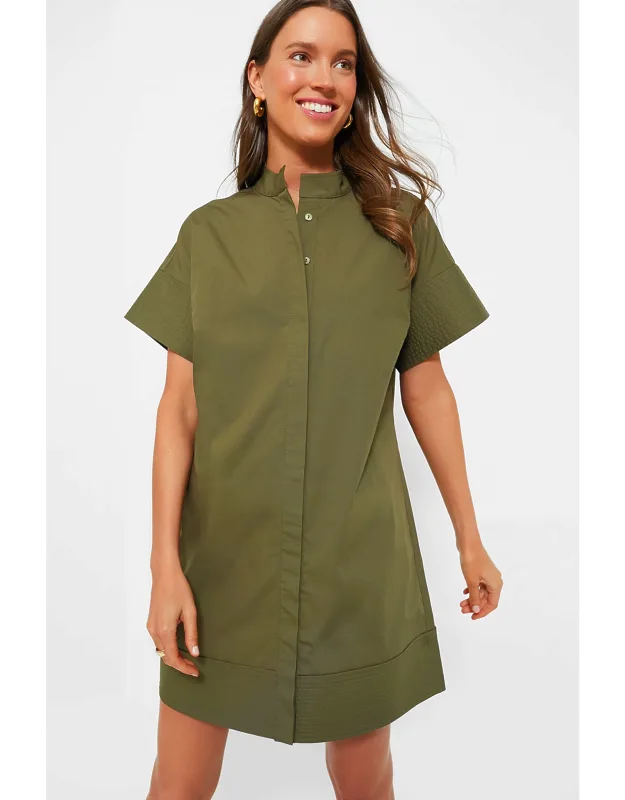 Olive Green Trapunto Stitch Shirt Dress With Stand Collar And Boxy Fit