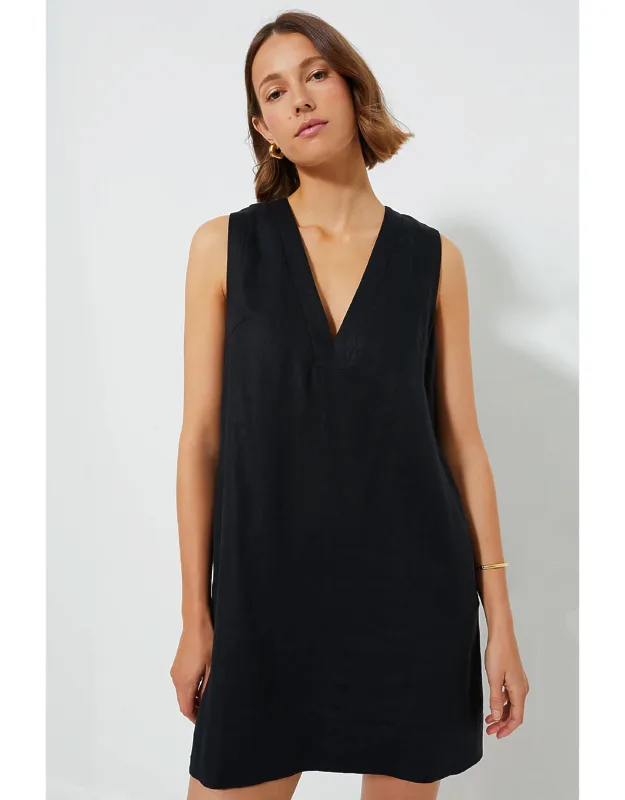 Navy Linen Dress With V-neckline And Side Pockets