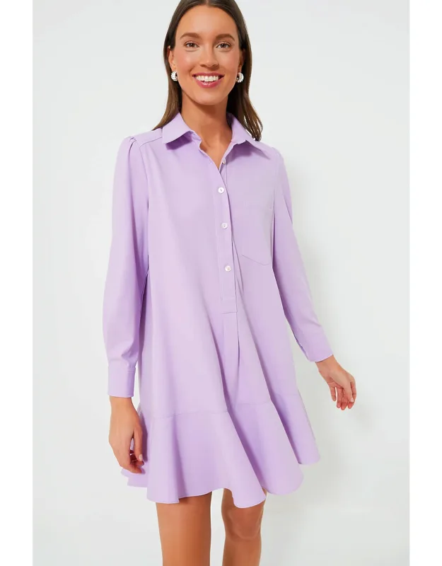 Lilac Crepe Callahan Shirt Dres With Classic Collar And Long Sleeves