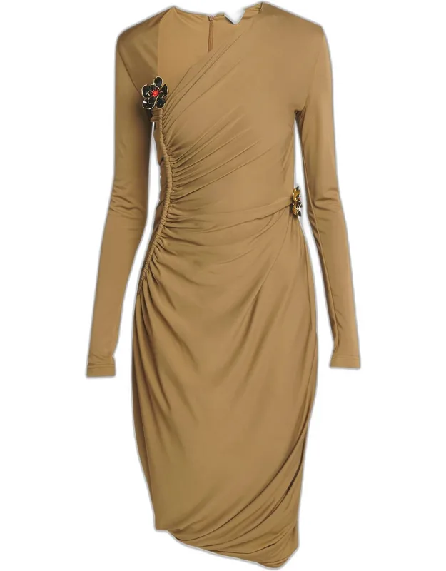 Flower-applique Long-sleeve Ruched Dress