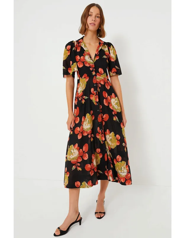 Cabbage Rose Print The Bridge Dres With Deep Notch Collar And Empire Waist