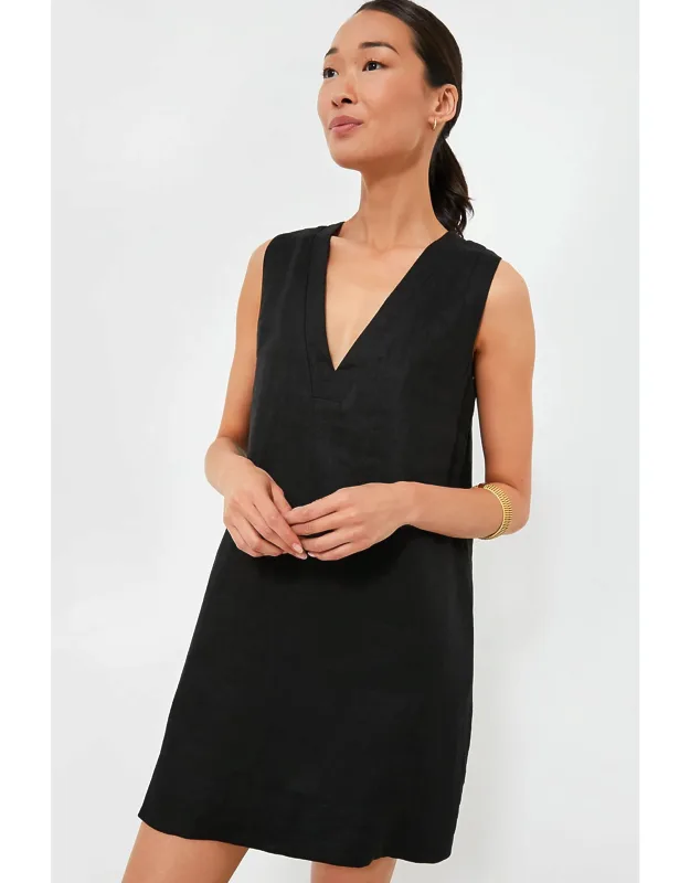 Black Linen Dress With V-neckline And Side Pockets