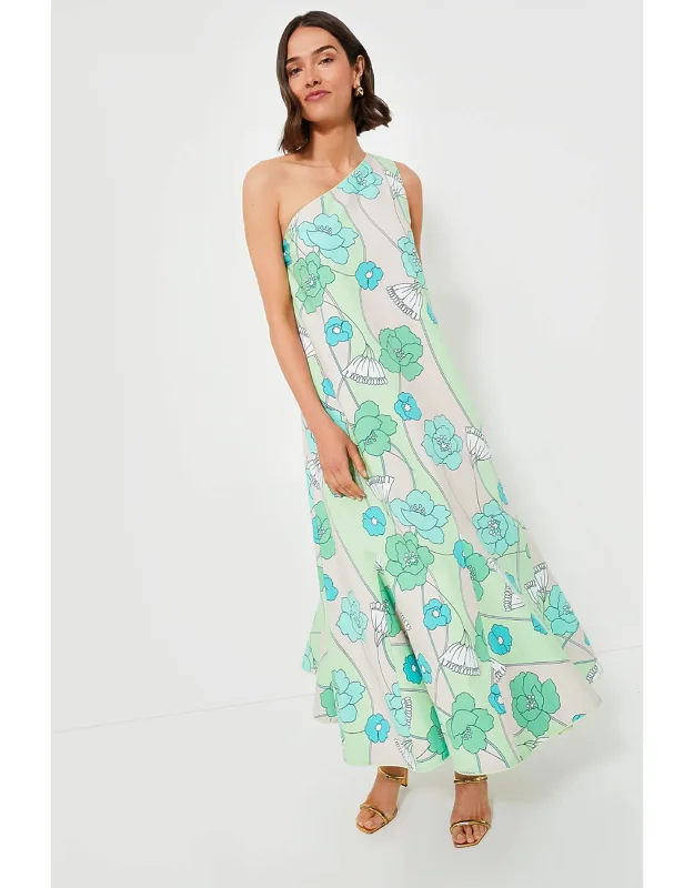 Green And Blue Floral Maxi Dress With Asymmetrical Neckline And Flowy Silhouette