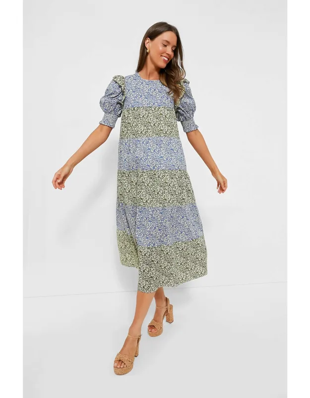 Green & Blue Floral Midi Dress With Ruffle Details And Puff Sleeves