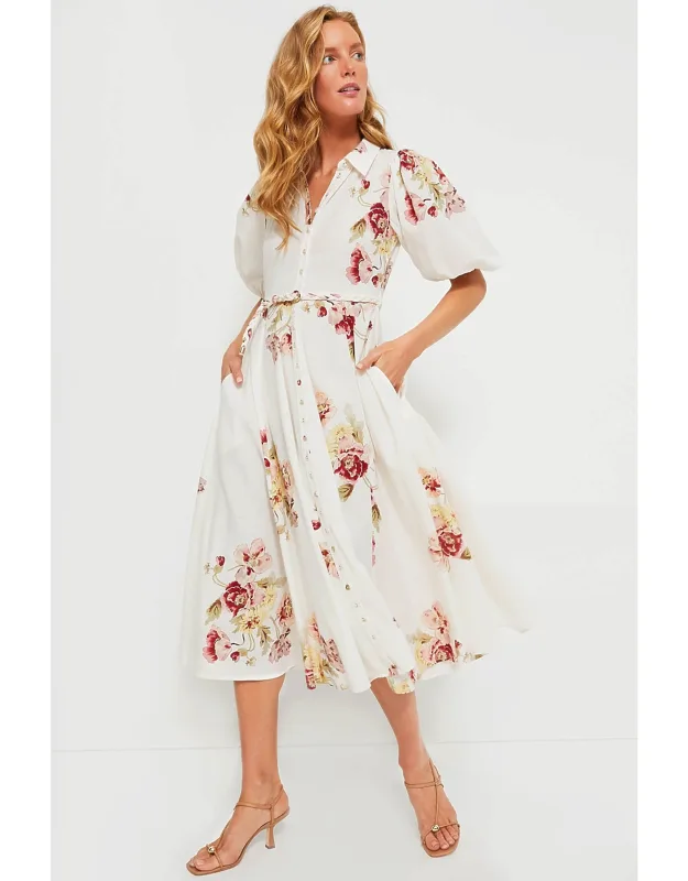 Mini Rosette Linen Button Down Dress