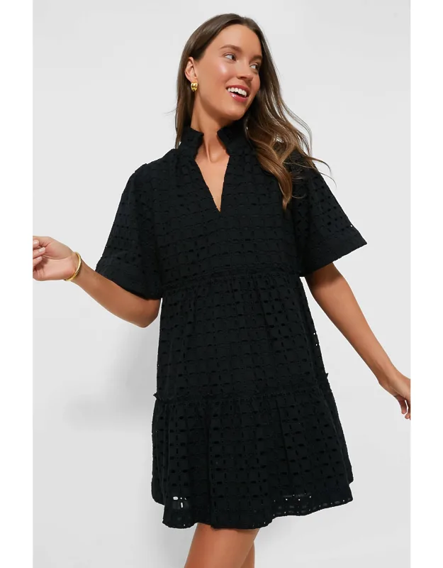 Black Eyelet Crawford Dress With Ruffled Collar And Flutter Sleeves