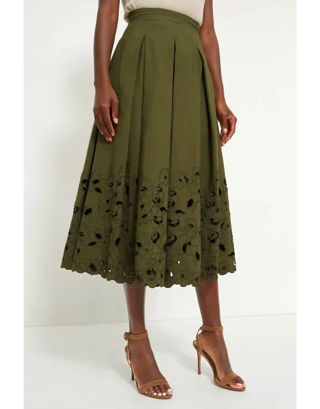 Olive Volume Hem Pleat Detail Skirt With Intricate Cutwork And Scalloped Hem