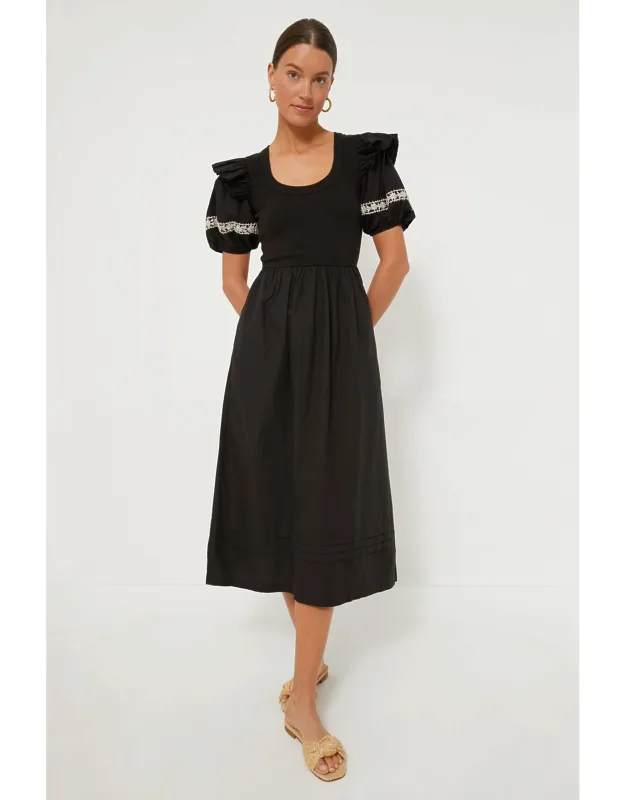 Black Selma Midi Dress With Puff Sleeves And Side Pockets
